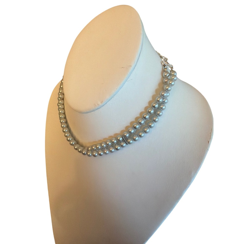 Carolee Necklace Grey Faux Pearl Double Strand Bow Detail Adjustable Choker